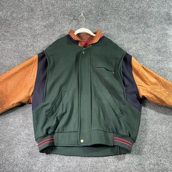 Split Trail Bomber Jacket Men's XL Green Wool Leather Fleece Lined Vintage 90's